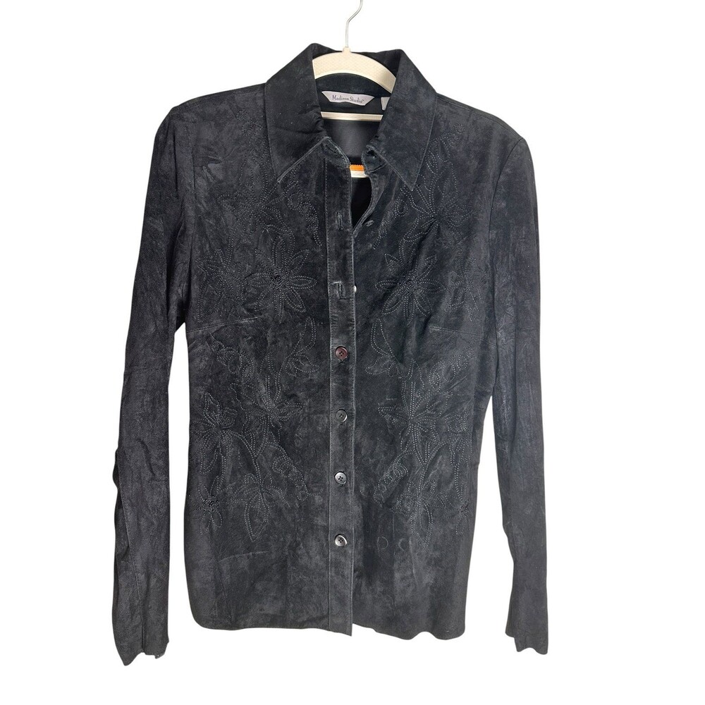 Madison Studio Black Suede Leather Embroidered Beaded Button Down Shirt SMALL